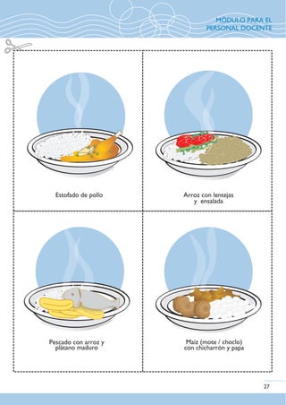 Estofado de pollo Arroz con lentejas
y ensalada
Pescado con arroz y
plátano maduro
Maíz (mote / choclo)
con chicharrón y papa
27
MÓDULO PARA EL
PERSONAL DOCENTE
 