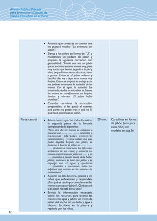 Parte central 20 min. Cartulinas en forma
de jabón (uno para
cada niño).ver
modelo en pág.36
· Anuncia que contarás un cuento que
les gustará mucho “La aventura del
jabón”.
· Sienta a los niños en forma de “U” y
muéstrales un pedazo de jabón y
empieza la siguiente narración con
gestualidad: “Había una vez un jabón
que se encontró en unas manos muy, pero
muy sucias que tenían pegada a la piel y
uñas, pequeñísimos restos de cacas, tierra
y grasas. Entonces el jabón valiente y
decidido dijo: voy a dejar estas manos muy
limpias. Entonces empezó su trabajo y con
sus poderes arrancaba la suciedad de las
manos. Con el agua, la suciedad fue
arrastrada y todos los microbios se fueron,
las manos se transformaron en limpias,
bonitas y olorosas. El jabón había
triunfado”.
· Cuando termines la narración
pregúntales, si les gustó el cuento,
qué parte les gustó más y qué es lo
que hace poderoso al jabón.
· Ahora construye con todos los niños,
la segunda parte de la historia
completando lo siguiente:
“Pero otro día las manos se volvieron a
ensuciar con........., ........ , ........ (anímalos a
mencionar diferentes elementos
contaminantes) y como sabían que sólo
podía dejarlas limpias con jabón, se
pusieron a buscar el jabón en ........, ........,
........ (invítalos a mencionar los diferentes
ambientes de sus casas) y entonces las
manos encontraron un jabón en ........ y en
....... (invítalos a pensar donde debe haber
jabón), entonces se lavó con jabón y se
enjuagó con el agua y quedaron
..........(invítalos a mencionar todos los
adjetivos que usaron en las sesiones de
motivadores”.
· A partir de ésta historia, pídeles a los
niños que reflexionen y respondan:
¿Por qué es tan importante lavarse las
manos con agua y jabón? ¿Qué pasará
si el jabón no está en su sitio?
· Brinda la información necesaria
sobre los recursos para lavarse las
manos con agua y jabón: un trozo de
jabón del ancho de un dedo y agua a
chorro. Escríbelo en la pizarra y
repítelo con los niños.
32
Alianza Público Privada
para promover el lavado de
manos con jabón en el Perú
 