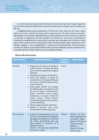 La ruta de la contaminación permite observar las barreras que interrumpen el paso de
los microbios desde los dedos hacia la boca de las personas e impiden que se produzca la
diarrea.
La diarrea afecta aproximadamente al 15% de los niños menores de 5 años, sobre
todo en las áreas rurales de la selva y sierra, éstas ocurren 10 veces al año en los niños,
dificultando su crecimiento, debilitándolos y produciendo desnutrición y anemia. La diarrea
no permite al organismo del niño asimilar los alimentos y trae como consecuencias
inmediatas la deshidratación, desnutrición y anemia, por ende gastos en la familia. A largo
plazo la diarrea tiene como consecuencias: niños con baja estatura, bajo rendimiento en la
escuela, desgano y con predisposición a enfermarse frecuentemente. Posteriormente
cuando son adultos, no han desarrollado todas sus potencialidades, son poco productivos y
no pueden aportar al desarrollo de sus comunidades y del país.
Desarrollo de la sesión:
ACTIVIDAD PROCEDIMIENTO TIEMPO
APROX.
Entrada
Parte central
· Preguntar a los niños si recuerdan la
sesión anterior, el dibujo del jabón
que cortaron en pedazos y los lugares
de lavado.
· Explícales que jugaran y se divertirán.
· Forma dos equipos, el equipo de
contaminación y el equipo del lavado
de manos y colócalos frente a frente
en dos columnas.
· Cada equipo tendrán una consigna
que deberán gritar muy fuerte a la voz
de tres. El equipo “contaminación”
gritará “contamina” (con un gesto
acechante) y el equipo “lavado de
manos” gritará “manos limpias”
(mostrando las palmas de las manos a
manera de defensa).
· Gana el equipo que grite más fuerte.
· Realiza el ejercicio varias veces,
invirtiendo los roles de los grupos.
· A partir del juego anterior arma con
los niños una secuencia de imágenes,
que pegarás en la pizarra o en la pared
de manera desordenada para que
ellos ordenen la secuencia de la
siguiente manera:
Lámina 1: Un niño está ocupándose
en la letrina / baño.
5 min.
20 min.
RECURSOS
Lámina 1: Un niño
está ocupandose en
una letrina / baño.
Lámina 2: El niño se
limpia con papel
higiénico.
Lámina 3: El niño
come un pan.
Alianza Público Privada
para promover el lavado de
manos con jabón en el Perú
42
 