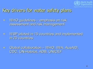 Key drivers for water safety plans WHO guidelines – emphasis on risk assessment and risk management WSP piloted in 15 countries and implemented in 20 countries Global collaboration – WHO, IWA, AusAID, CDC, UN-Habitat, ADB, UNICEF  
