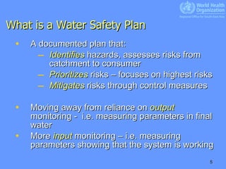 What is a Water Safety Plan A documented plan that: Identifies   hazards, assesses risks from catchment to consumer Prioritizes  risks – focuses on highest risks Mitigates   risks through control measures Moving away from reliance on  output  monitoring -  i.e. measuring parameters in final water More  input  monitoring – i.e. measuring parameters showing that the system is working 