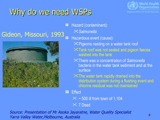 Why do we need WSPs Hazard (contaminant):  Salmonella Hazardous event (cause): Pigeons nesting on a water tank roof Tank roof was not sealed and pigeon faeces washed into the tank There was a concentration of  Salmonella  bacteria in the water tank sediment and at the surface The water tank rapidly drained into the distribution system during a flushing event and chlorine residual was not maintained Effect ~ 500 ill from town of 1,104 7 Dead Gideon, Missouri, 1993 Source: Presentation of Mr Asoka Jayaratne, Water Quality Specialist Yarra Valley Water,Melbourne, Australia   