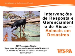 Intervenções de Resposta e Gerenciamento de Risco –  Animais em Desastres M.V Rosangela Ribeiro  Gerente de Programas Veterinários- WSPA Brasil “ Os animais e a atuação da Defesa Civil Municipal”  26/outubro/2011 