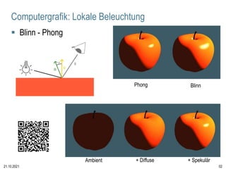 Computergrafik: Lokale Beleuchtung
 Blinn - Phong
Ambient + Diffuse + Spekulär
Phong Blinn
02
21.10.2021
 
