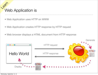 rn
   a
Le

      Web Application is

      • Web Application uses HTTP on WWW


      • Web Application creates HTTP response by HTTP request


      • Web browser displays a HTML document from HTTP response

                                                                  Generate

                                      HTTP request



              Hello World            HTTP response




                       Display


Wednesday, September 12, 12
 