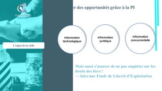 L’enjeu de la vielle
Trouver des opportunités grâce à la PI
Information	
technologique
Information	
juridique
Information	
concurrentielle
Mais aussi s’assurer de ne pas empiéter sur les
droits des tiers !
→ faire une Etude de Liberté d’Exploitation
 