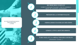 RECHERCHER L’EXISTANT
(vérifier la nouveauté d’un projet ; éviter la contrefaçon;
réperer des concurrents ou partenaires)
PRÉSERVER LA CONFIDENTIALITE
FORMALISER ET DATER LES CRÉATIONS
GÉRER LA TITULARITÉ DES DROITS
ÊTRE VIGILANT À LA RÉDACTION DES CONTRATS
(Partenariat / Cession…)
EN CONCLUSIONS QUELQUES
BONS RÉFLEXES
À AVOIR
1
2
3
4
5
 