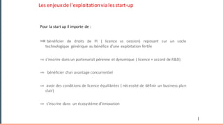 Les	enjeux	de	l’exploitation	via	les	start-up
Pour	la	start up	il	importe	de	:
⇒ bénéficier de droits de PI ( licence vs cession) reposant sur un socle
technologique générique au bénéfice d’une exploitation fertile
⇒ s’inscrire	dans	un	partenariat	pérenne	et	dynamique	(	licence	+	accord	de	R&D)
⇒ bénéficier	d’un	avantage	concurrentiel	
⇒ avoir des conditions de licence équilibrées ( nécessité de définir un business plan
clair)
⇒ s’inscrire	dans		un	écosystème	d’innovation	 	
|
 