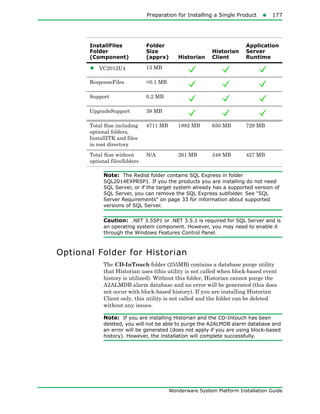 Preparation for Installing a Single Product177
Wonderware System Platform Installation Guide
Note: The Redist folder contains SQL Express in folder
SQL2014EXPRSP1. If you the products you are installing do not need
SQL Server, or if the target system already has a supported version of
SQL Server, you can remove the SQL Express subfolder. See "SQL
Server Requirements" on page 33 for information about supported
versions of SQL Server.
Caution: .NET 3.5SP1 or .NET 3.5.1 is required for SQL Server and is
an operating system component. However, you may need to enable it
through the Windows Features Control Panel.
Optional Folder for Historian
The CD-InTouch folder (255MB) contains a database purge utility
that Historian uses (this utility is not called when block-based event
history is utilized). Without this folder, Historian cannot purge the
A2ALMDB alarm database and an error will be generated (this does
not occur with block-based history). If you are installing Historian
Client only, this utility is not called and the folder can be deleted
without any issues.
Note: If you are installing Historian and the CD-Intouch has been
deleted, you will not be able to purge the A2ALMDB alarm database and
an error will be generated (does not apply if you are using block-based
history). However, the installation will complete successfully.
• VC2012U4 13 MB
ResponseFiles <0.1 MB
Support 0.2 MB
UpgradeSupport 38 MB
Total Size including
optional folders,
InstallITK and files
in root directory
4711 MB 1882 MB 650 MB 729 MB
Total Size without
optional files/folders
N/A 261 MB 348 MB 427 MB
InstallFiles
Folder
(Component)
Folder
Size
(apprx) Historian
Historian
Client
Application
Server
Runtime
 