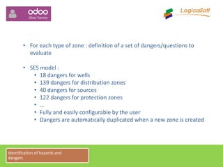 • For each type of zone : definition of a set of dangers/questions to
evaluate
• SES model :
• 18 dangers for wells
• 139 dangers for distribution zones
• 40 dangers for sources
• 122 dangers for protection zones
• …
• Fully and easily configurable by the user
• Dangers are automatically duplicated when a new zone is created
Identification of hazards and
dangers
 