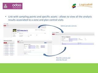 • Link with sampling points and specific assets : allows to view all the analysis
results associated to a zone and plan control visits
Define periodic controls
Plan the controls and
describe the job
 