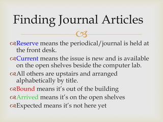 
Reserve means the periodical/journal is held at
 the front desk.
Current means the issue is new and is available
 on the open shelves beside the computer lab.
All others are upstairs and arranged
 alphabetically by title.
Bound means it’s out of the building
Arrived means it’s on the open shelves
Expected means it’s not here yet
 