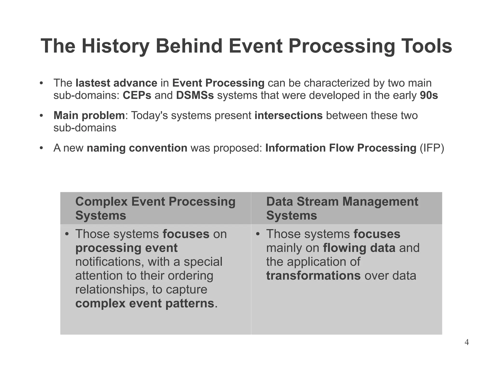 The History Behind Event Processing Tools
●

●

●

The lastest advance in Event Processing can be characterized by two main
sub-domains: CEPs and DSMSs systems that were developed in the early 90s
Main problem: Today's systems present intersections between these two
sub-domains
A new naming convention was proposed: Information Flow Processing (IFP)

●

Complex Event Processing
Systems
Those systems focuses on
processing event
notifications, with a special
attention to their ordering
relationships, to capture
complex event patterns.

●

Data Stream Management
Systems
Those systems focuses
mainly on flowing data and
the application of
transformations over data

4

 
