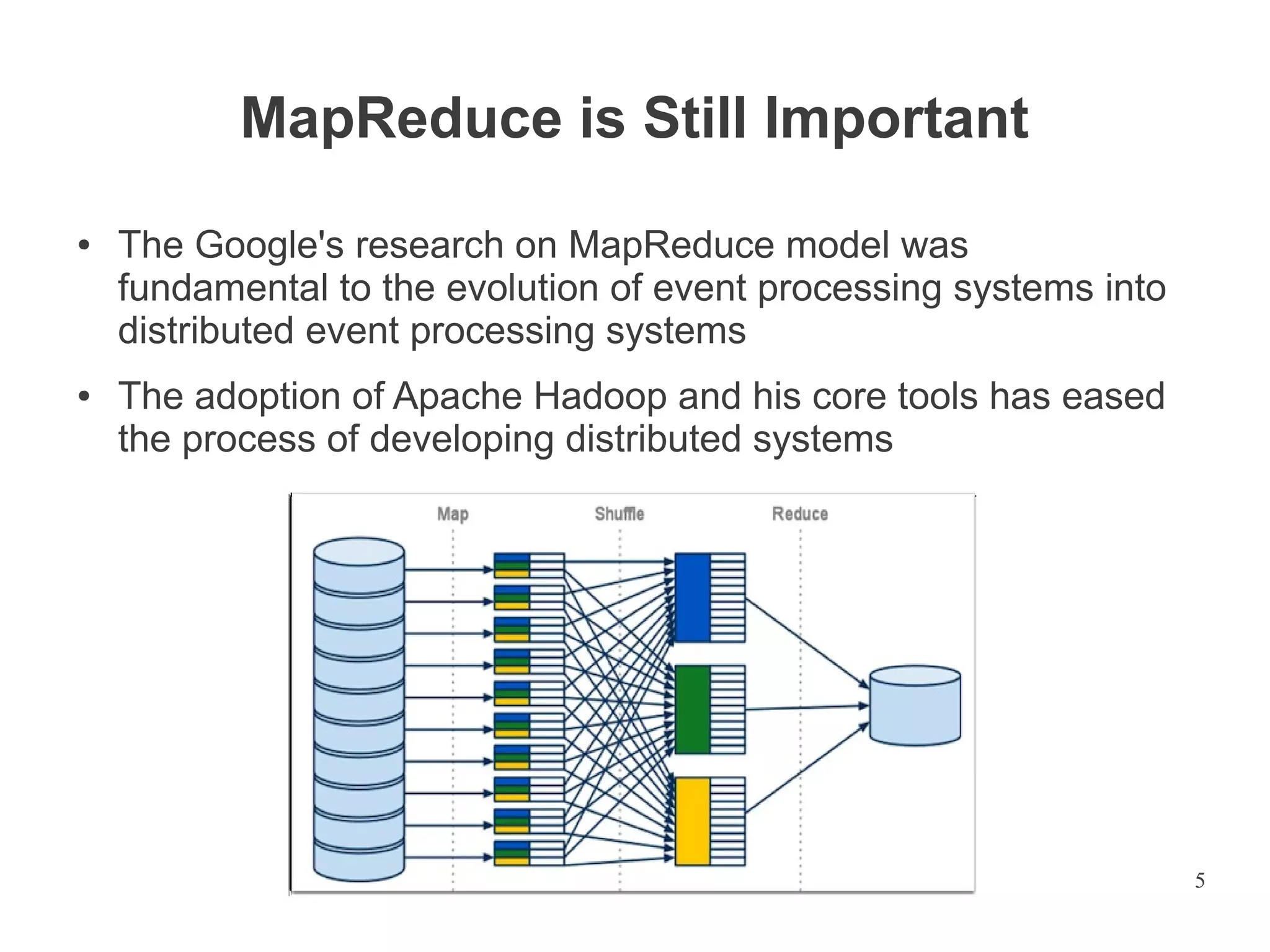 MapReduce is Still Important
●

●

The Google's research on MapReduce model was
fundamental to the evolution of event processing systems into
distributed event processing systems
The adoption of Apache Hadoop and his core tools has eased
the process of developing distributed systems

5

 