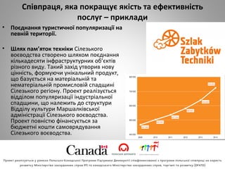 Співпраця, яка покращує якість та ефективність
послуг – приклади
• Поєднання туристичної популяризації на
певній території.
• Шлях пам’яток техніки Сілезького
воєводства створено шляхом поєднання
кількадесяти інфраструктурних об’єктів
різного виду. Такий захід утворив нову
цінність, формуючи унікальний продукт,
що базується на матеріальній та
нематеріальній промисловій спадщині
Сілезького регіону. Проект реалізується
відділом популяризації індустріальної
спадщини, що належить до структури
Відділу культури Маршалківської
адміністрації Сілезького воєводства.
Проект повністю фінансується за
бюджетні кошти самоврядування
Сілезького воєводства.
 