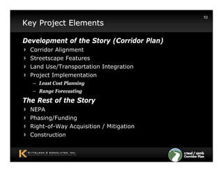 10
Key Project Elements

Development of the Story (Corridor Plan)
  Corridor Alignment
  Streetscape Features
  Land Use/Transportation Integration
  Project Implementation
  – Least Cost Planning
  – Range Forecasting
The Rest of the Story
  NEPA
  Phasing/Funding
  Right-of-Way Acquisition / Mitigation
  Construction
 