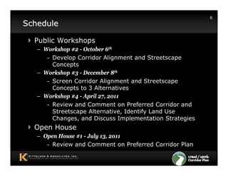 6
Schedule

  Public Workshops
   – Workshop #2 - October 6th
      - Develop Corridor Alignment and Streetscape
        Concepts
   – Workshop #3 - December 8th
      - Screen Corridor Alignment and Streetscape
        Concepts to 3 Alternatives
   – Workshop #4 - April 27, 2011
      - Review and Comment on Preferred Corridor and
        Streetscape Alternative, Identify Land Use
        Changes, and Discuss Implementation Strategies
  Open House
   – Open House #1 - July 13, 2011
      - Review and Comment on Preferred Corridor Plan
 