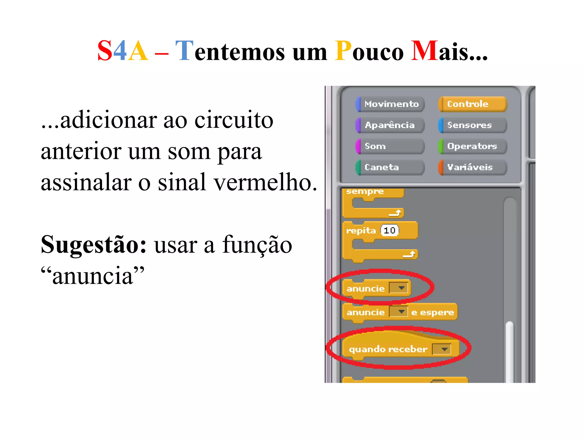 S4A – Tentemos um Pouco Mais...
...adicionar ao circuito
anterior um som para
assinalar o sinal vermelho.
Sugestão: usar a função
“anuncia”
 
