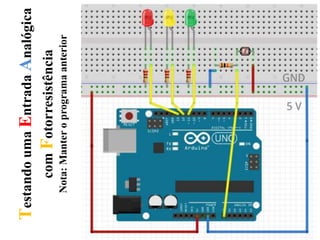 TestandoumaEntradaAnalógica
comFotorresistência
Nota:Manteroprogramaanterior
 
