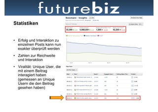 Statistiken


•  Erfolg und Interaktion zu
   einzelnen Posts kann nun
   exakter überprüft werden
•  Zahlen zur Reichweite
   und Interaktion
•  Viralität: Unique User, die
   mit einem Beitrag
   interagiert haben
   (gemessen an Unique           Neben dem Newsfeed hat der Ticker die prominenteste Position auf der
   Usern die den Beitrag         Startseite
   gesehen haben)
 