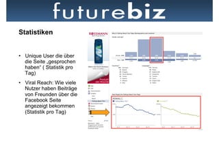 Statistiken


•  Unique User die über
   die Seite „gesprochen
   haben“ ( Statistik pro
   Tag)
•  Viral Reach: Wie viele
   Nutzer haben Beiträge
   von Freunden über die
   Facebook Seite
   angezeigt bekommen
   (Statistik pro Tag)      Neben dem Newsfeed hat der Ticker die prominenteste Position auf der
                            Startseite
 