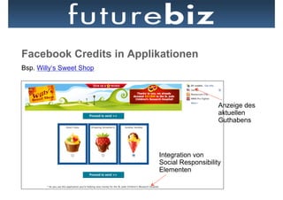 Facebook Credits in Applikationen
Bsp. Willy‘s Sweet Shop




                                              Anzeige des
                                              aktuellen
                                              Guthabens




                          Integration von
                          Social Responsibility
                          Elementen
 