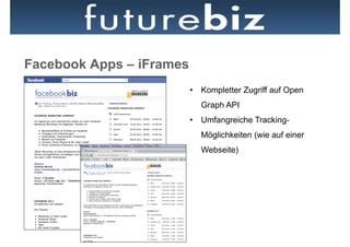 Facebook Apps – iFrames
                          •  Kompletter Zugriff auf Open
                            Graph API
                          •  Umfangreiche Tracking-
                            Möglichkeiten (wie auf einer
                            Webseite)
 