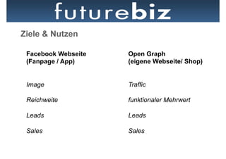 Ziele & Nutzen

 Facebook Webseite   Open Graph
 (Fanpage / App)     (eigene Webseite/ Shop)


 Image               Traffic

 Reichweite          funktionaler Mehrwert

 Leads               Leads

 Sales               Sales
 