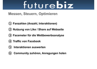 Messen, Steuern, Optimieren

①  Fanzahlen (Anzahl, Interaktionen)

②  Nutzung von Like / Share auf Webseite

③  Facemeter für die Wettbewerbsanalyse

④  Traffic von Facebook

⑤  Interaktionen auswerten

⑥  Community zuhören, Anregungen holen
 