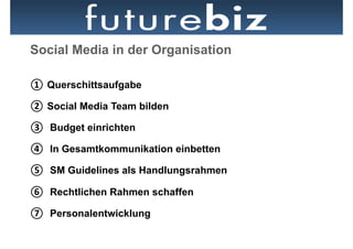 Social Media in der Organisation

①  Querschittsaufgabe

②  Social Media Team bilden

③  Budget einrichten

④  In Gesamtkommunikation einbetten

⑤  SM Guidelines als Handlungsrahmen

⑥  Rechtlichen Rahmen schaffen

⑦  Personalentwicklung
 