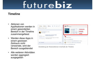 Timeline


•  Aktionen von
   Applikationen werden in
   einem gesonderten
   Bereich in der Timeline
   zusammengefasst
•  Werden diese Apps in
   einem gewissen
   Zeitraum nicht
   verwendet, wird der         Darstellung der Nutzeraktionen innerhalb der Timeline
   Bereich ausgeblendet
•  Alle weiteren Aktivitäten
   werden aggregiert
   ausgegeben
 