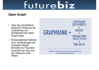 Open Graph


•  Über den GraphRank
   bestimmt Facebook die
   Verbreitung und
   Sichtbarkeit der Open
   Graph Apps
•  Entscheidende Faktoren
   sind: Verbindungen der
   einzelnen Nutzer,
   Aktivität von Freunden
   innerhalb der App und    Bsp. einer Open Graph App: Washington Post Social Reader
   der Zeitpunkt einer
   Aktion
 