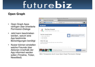 Open Graph


•  Open Graph Apps
   verfügen über erweiterte
   Permission-Dialoge
•  Jetzt kann beschrieben
   werden, warum eine
   App bestimmte
   Berechtigungen benötigt
•  Nutzer können einstellen
   welche Freunde über         Bsp. einer Open Graph App: Washington Post Social Reader
   Aktionen innerhalb der
   App informiert werden
                                Mehr Transparenz durch neue Open Graph Permission Dialoge
   sollen (Timeline, Ticker,
   Newsfeed)
 