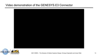 Video demonstration of the GENESYS.E3 Connector
2021 WSRC – The Genesis of Holistic Systems Design | Enrique Krajmalnik and Istvan Rath 13
 