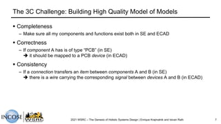 The 3C Challenge: Building High Quality Model of Models
§ Completeness
– Make sure all my components and functions exist both in SE and ECAD
§ Correctness
– If component A has is of type “PCB” (in SE)
è it should be mapped to a PCB device (in ECAD)
§ Consistency
– If a connection transfers an item between components A and B (in SE)
è there is a wire carrying the corresponding signal between devices A and B (in ECAD)
2021 WSRC – The Genesis of Holistic Systems Design | Enrique Krajmalnik and Istvan Rath 7
 