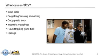 What causes 3C’s?
§ Input error
§ Forgetting/missing something
§ Copy/paste error
§ Incorrect mappings
§ Roundtripping gone bad
§ Change
2021 WSRC – The Genesis of Holistic Systems Design | Enrique Krajmalnik and Istvan Rath 8
 