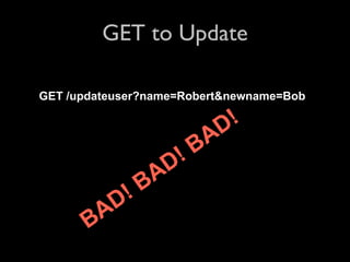 GET to Update

GET /updateuser?name=Robert&newname=Bob

                          D !
                        BA
                  D   !
               BA
           D !
       B A
 