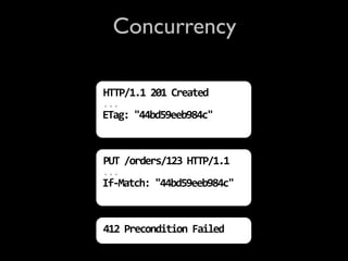 Concurrency

HTTP/1.1 201 Created
...
ETag: "44bd59eeb984c"


PUT /orders/123 HTTP/1.1
...
If‐Match: "44bd59eeb984c"


412 Precondition Failed
 