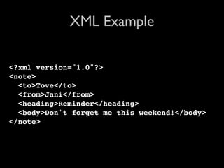 XML Example

<?xml version="1.0"?>
<note>
  <to>Tove</to>
  <from>Jani</from>
  <heading>Reminder</heading>
  <body>Don't forget me this weekend!</body>
</note>
 
