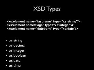 XSD Types
<xs:element name="lastname" type="xs:string"/>
<xs:element name="age" type="xs:integer"/>
<xs:element name="dateborn" type="xs:date"/>


•   xs:string
•   xs:decimal
•   xs:integer
•   xs:boolean
•   xs:date
•   xs:time
 