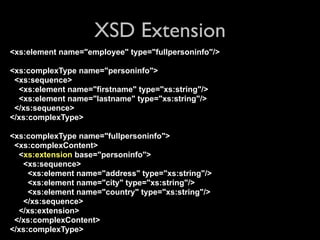 XSD Extension
<xs:element name="employee" type="fullpersoninfo"/>

<xs:complexType name="personinfo">
 <xs:sequence>
  <xs:element name="firstname" type="xs:string"/>
  <xs:element name="lastname" type="xs:string"/>
 </xs:sequence>
</xs:complexType>

<xs:complexType name="fullpersoninfo">
 <xs:complexContent>
  <xs:extension base="personinfo">
   <xs:sequence>
     <xs:element name="address" type="xs:string"/>
     <xs:element name="city" type="xs:string"/>
     <xs:element name="country" type="xs:string"/>
   </xs:sequence>
  </xs:extension>
 </xs:complexContent>
</xs:complexType>
 