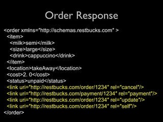 Order Response
<order xmlns=″http://schemas.restbucks.com″ >
 <item>
  <milk>semi</milk>
  <size>large</size>
  <drink>cappuccino</drink>
 </item>
 <location>takeAway</location>
 <cost>2. 0</cost>
 <status>unpaid</status>
 <link uri=″http://restbucks.com/order/1234″ rel=″cancel″/>
 <link uri=″http://restbucks.com/payment/1234″ rel=″payment″/>
 <link uri=″http://restbucks.com/order/1234″ rel=″update″/>
 <link uri=″http://restbucks.com/order/1234″ rel=″self″/>
</order>
 
