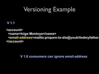 Versioning Example
V 1.1

<account>
 <name>Inigo Montoya</name>
 <email-address>mailto:prepare-to-die@youkilledmyfather.
</account>



        V 1.0 consumers can ignore email-address
 