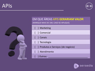 APIs
EM QUE ÁREAS APIS GERARIAM VALOR
[MARQUE MAIS DE UM, CASO SE APLIQUE]
[ ] Marketing
[ ] Comercial
[ ] Canais
[ ] Tecnologia
[ ] Produtos e Serviços (de negócio)
[ ] Atendimento
[ ] Outras: ______________________________
 