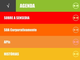 AGENDA
SOBRE A SENSEDIA
SOA Corporativamente
APIs
HISTÓRIAS
AGENDA√
 
