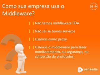 Como sua empresa usa o
Middleware?
[ ] Não temos middleware SOA
[ ] Não sei se temos serviços
[ ] Usamos como proxy
[ ] Usamos o middleware para fazer
monitoramento, ou segurança, ou
conversão de protocolos.
 