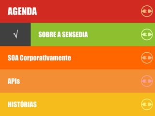 AGENDA
SOBRE A SENSEDIA
SOA Corporativamente
APIs
HISTÓRIAS
SOBRE A SENSEDIA√
 