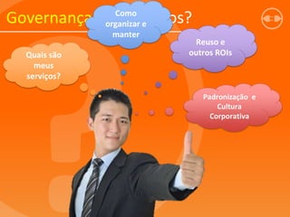 Governança dos serviços?
Quais são
meus
serviços?
Como
organizar e
manter
Reuso e
outros ROIs
Padronização e
Cultura
Corporativa
 
