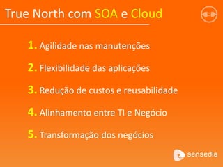 True North com SOA e Cloud
1. Agilidade nas manutenções
2. Flexibilidade das aplicações
3. Redução de custos e reusabilidade
4. Alinhamento entre TI e Negócio
5. Transformação dos negócios
 