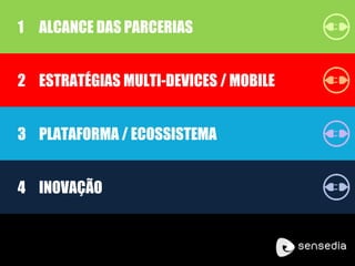 1 ALCANCE DAS PARCERIAS
2 ESTRATÉGIAS MULTI-DEVICES / MOBILE
3 PLATAFORMA / ECOSSISTEMA
4 INOVAÇÃO
 